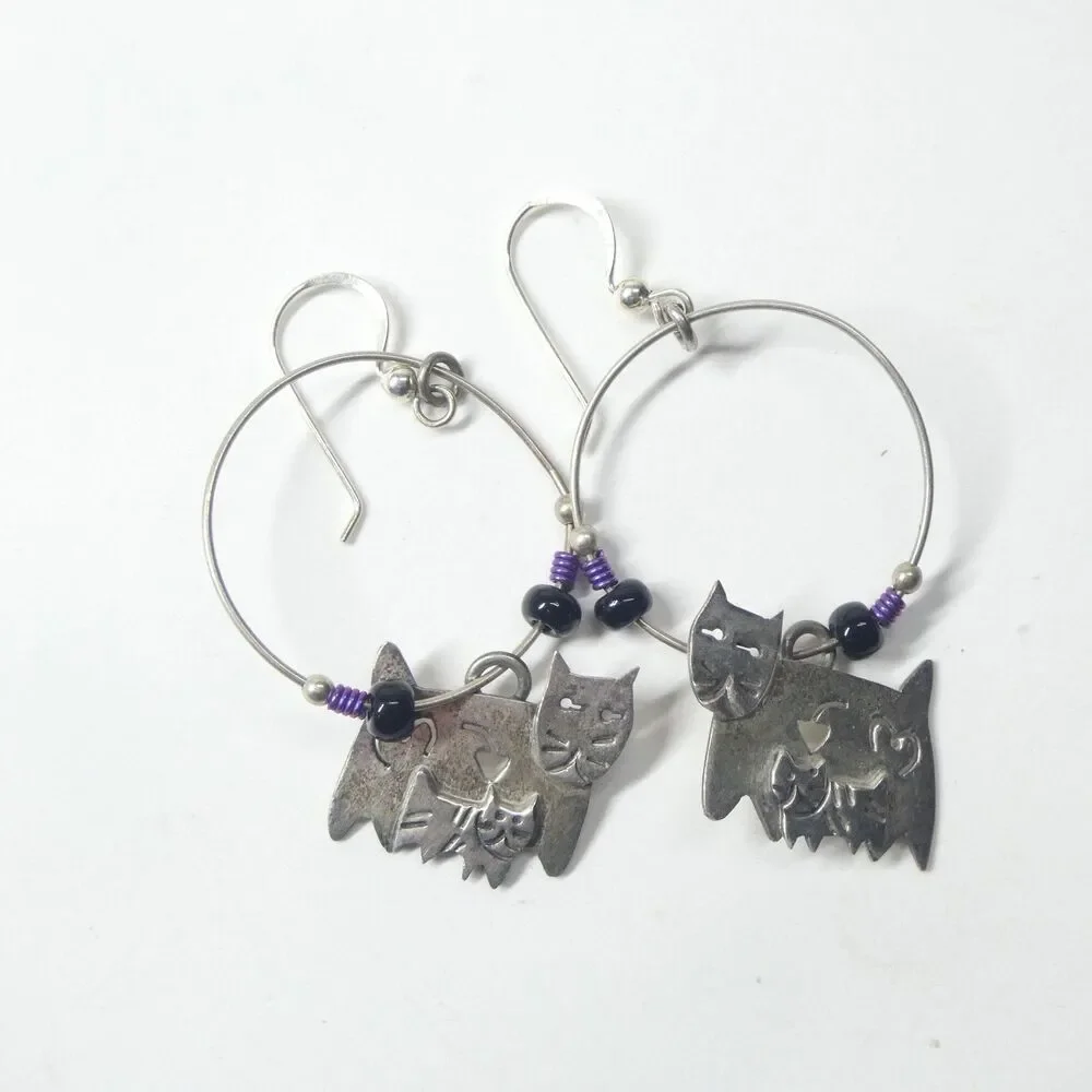 Far Fetched Cat Family Hoop Earrings 925 Sterling Silver